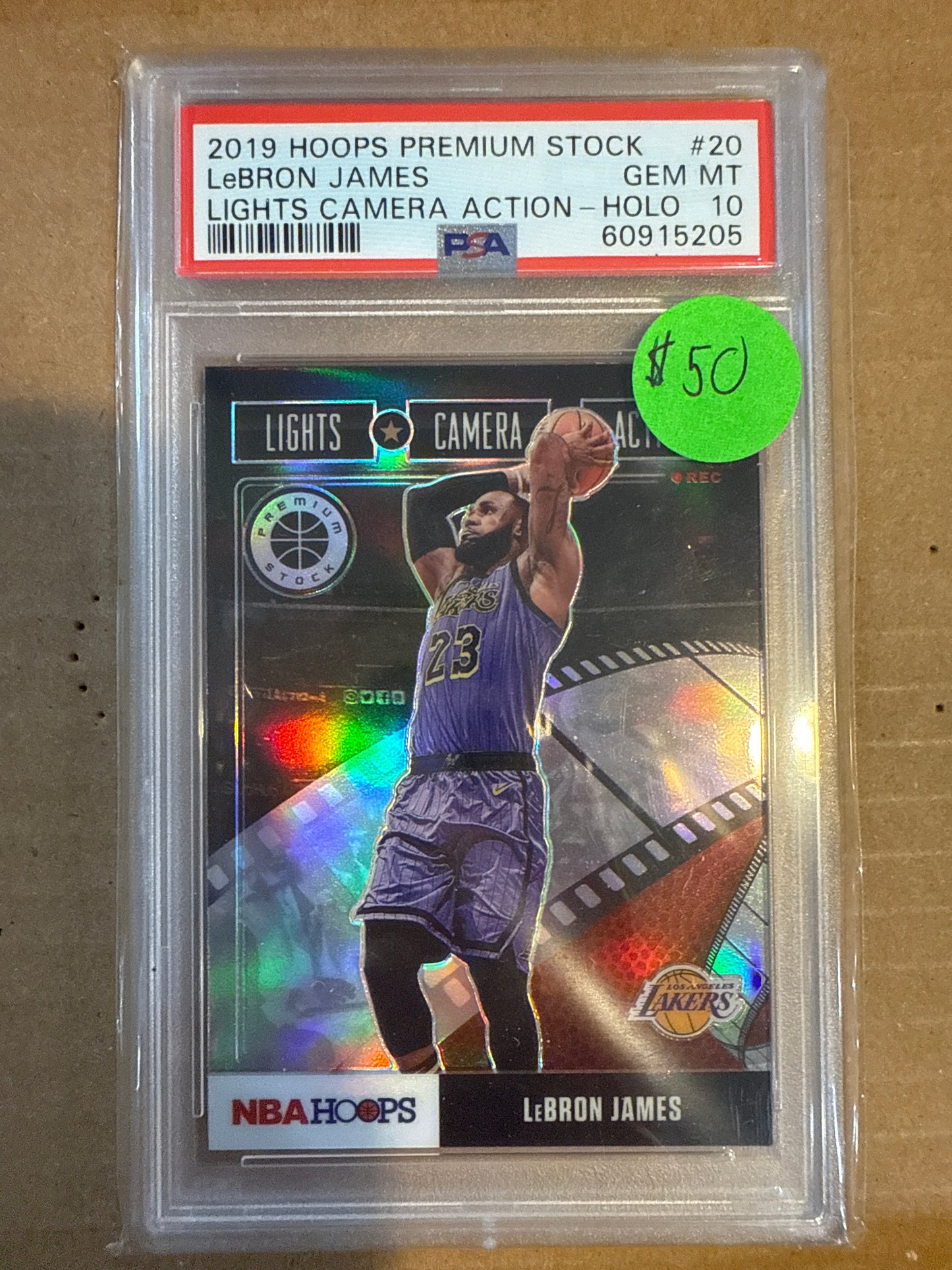 2019 Hoops Premium Stock LeBron James Lights Camera Action- Holo PSA 10