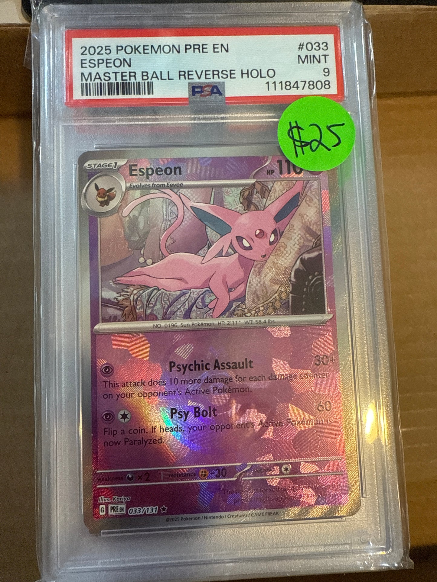 2025 POKÉMON PRE EN ESPEON MASTER BALL REVERSE HOLO PSA 9