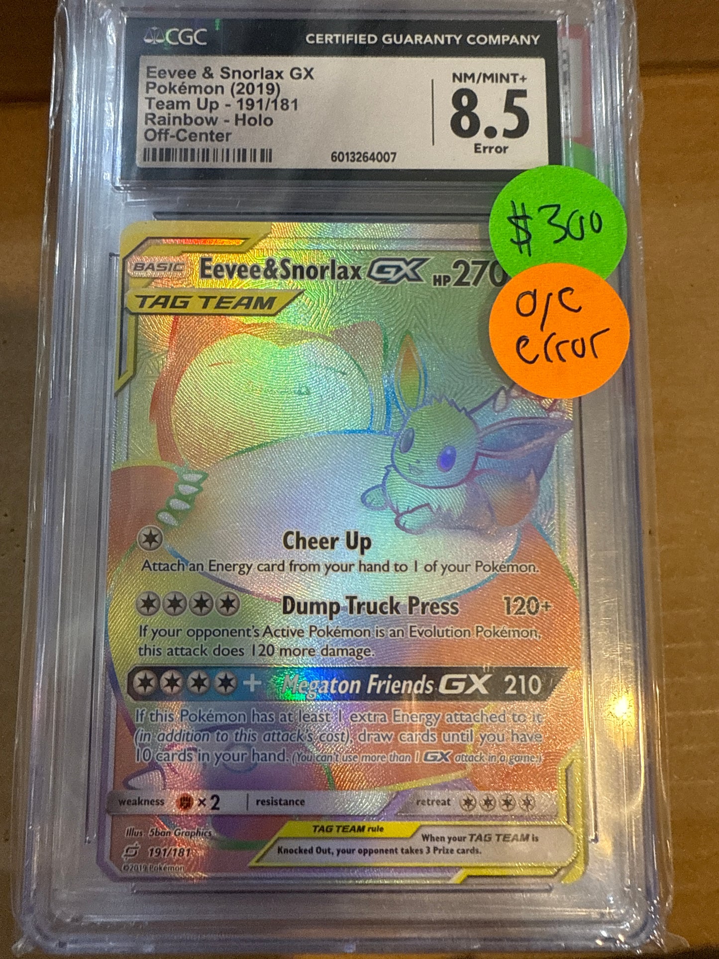 Eevee & Snorlax GX 2019 Team Up 191/181 Rainbow Holo Off-Center CGC 8.5