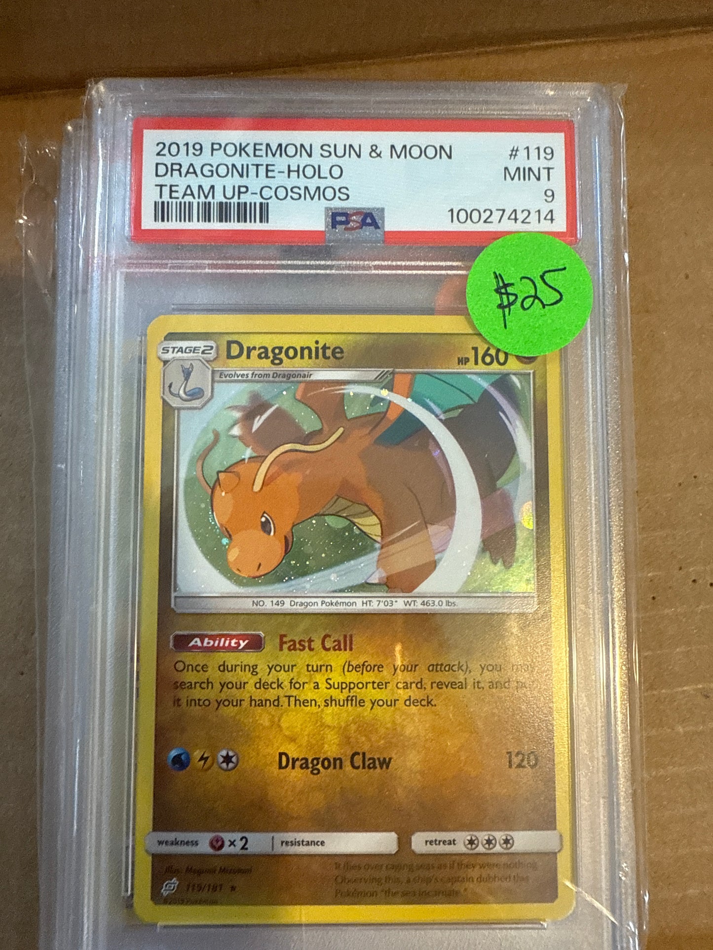 2019 POKÉMON SUN & MOON DRAGONITE-HOLO TEAM UP-COSMOS PSA 9