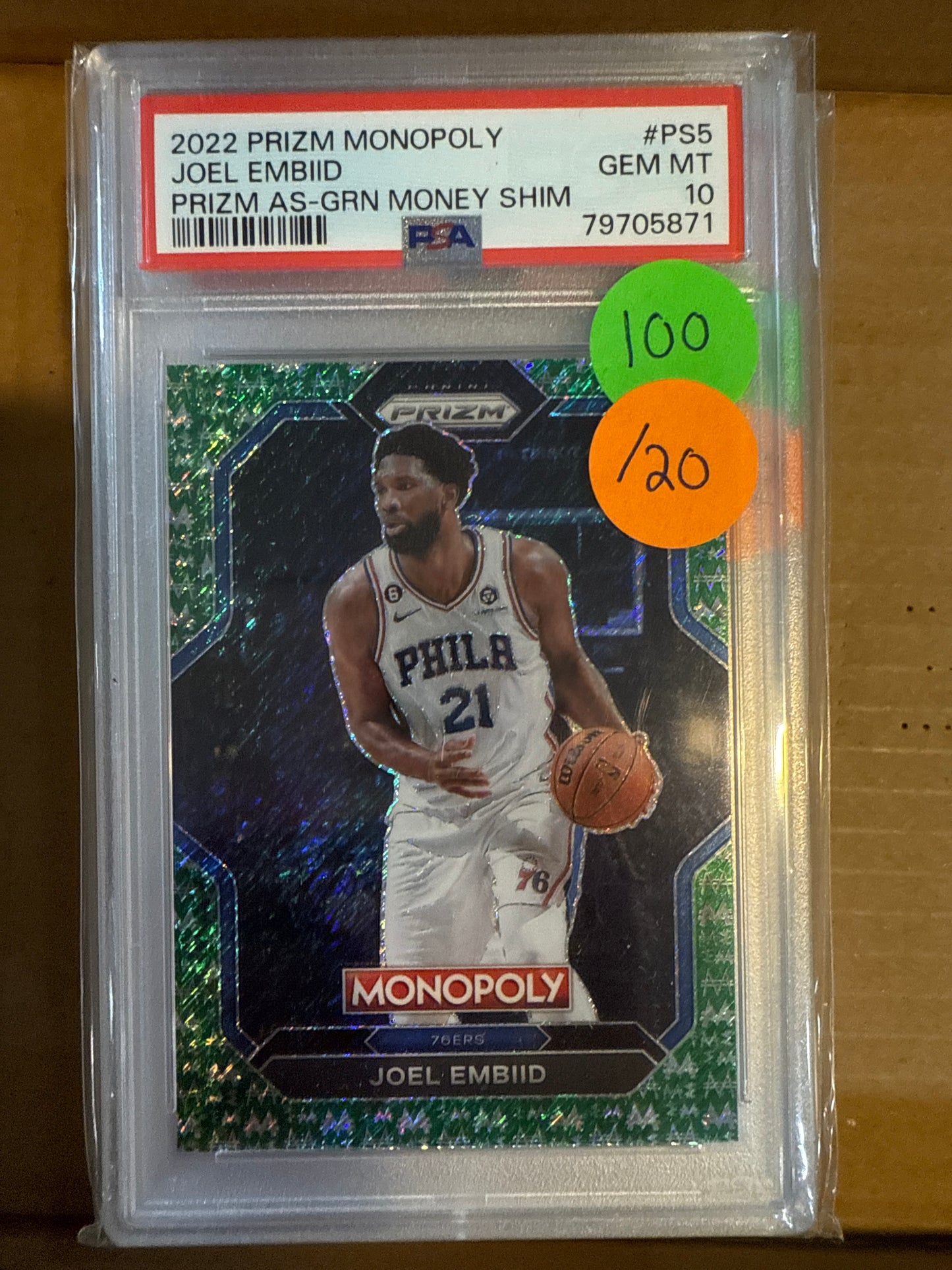 2022 Prizm Monopoly Joel Embiid Prizm As-Green Money Shim PSA 10