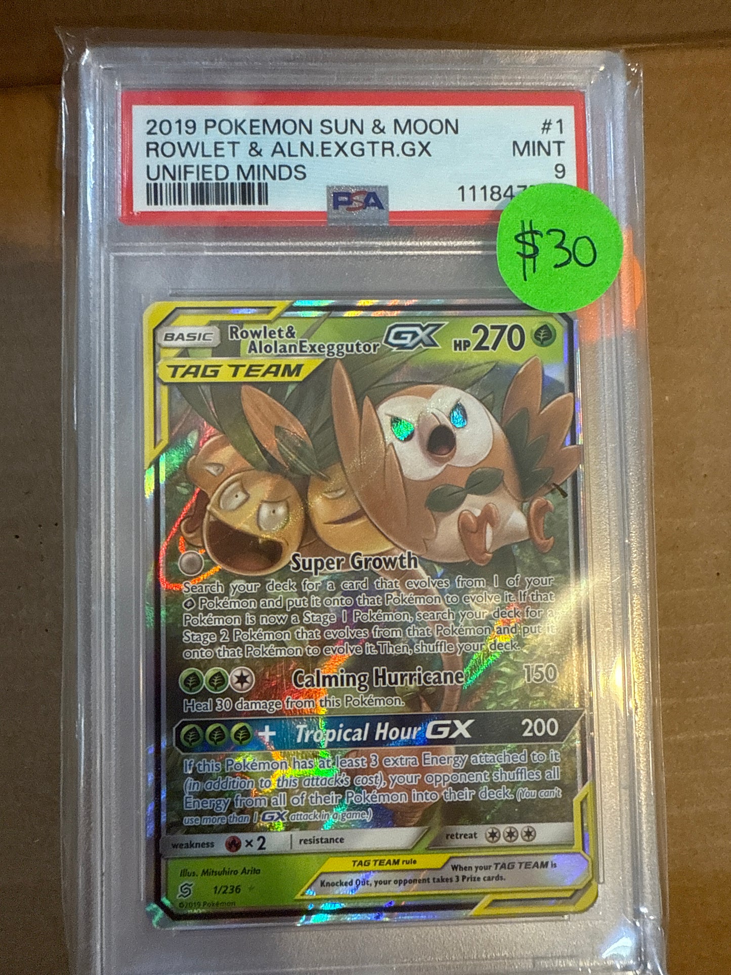 2019 POKÉMON SUN & MOON ROWLET & ALN. EXGTR.GX UNIFIED MINDS PSA 9