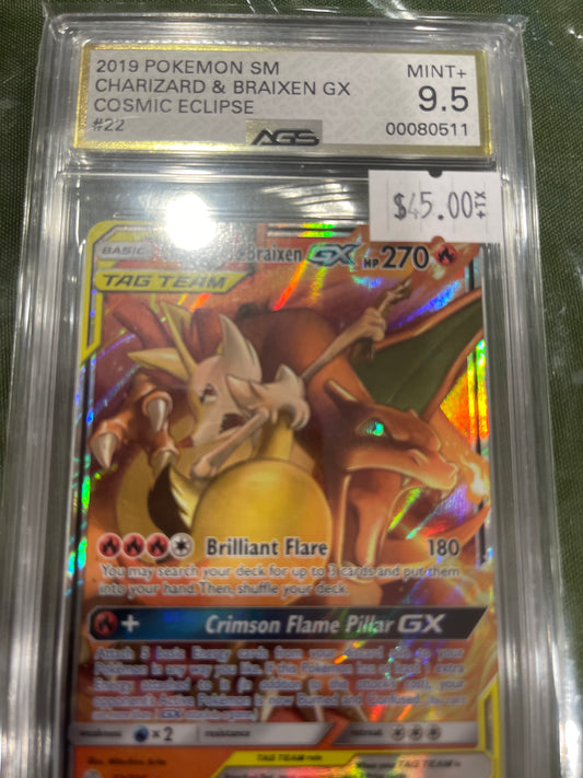 2019 Pokémon SM Charizard & Braixen GX AGS 9.5 MINT+