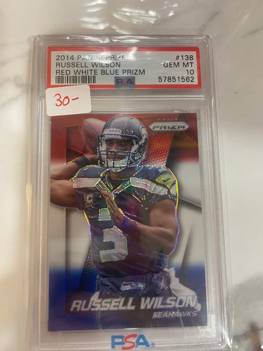 2014 Prizm Russell Wilson Red White Blue Prizm Football #138 PSA 10