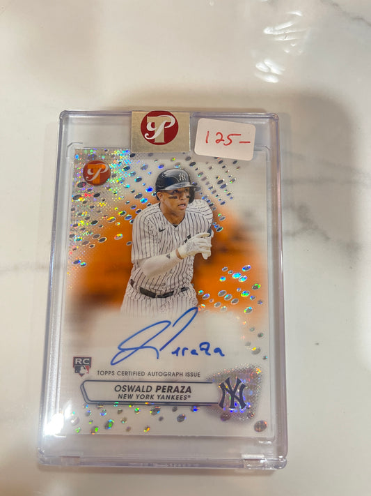 2023 TOPPS PRISTINE OSWALD PERAZA ROOKIE AUTO ORANGE REFRACTOR SP #/25 YANKEES